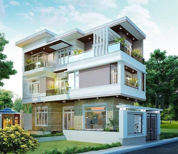 Mẫu nhà ống 3 tầng mái bằng đẹp mắt thu hút người nhìn với phối màu ấn tượng