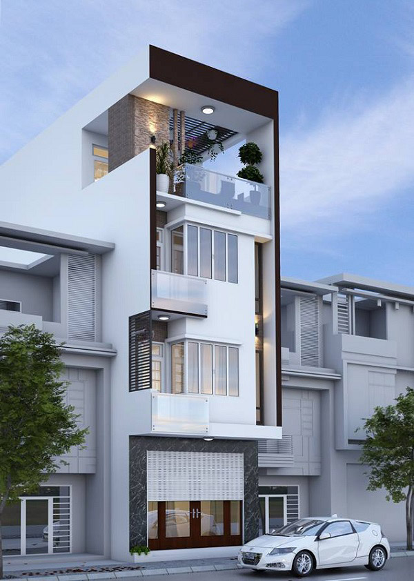 Thiết kế nhà 4 tầng này tận dụng tầng trên cùng để xây ban công rộng hơn với mục đích trồng cây, tạo không gian xanh cho nhà.