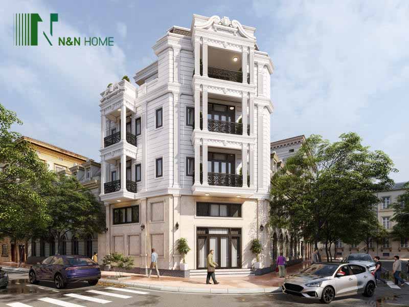 Mẫu nhà phố 4 tầng phong cách cổ điển được xây dựng với vị trí đất 2 mặt tiền thuận lợi