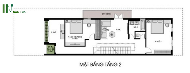 nhà 2 tầng 1 tum 4x15m