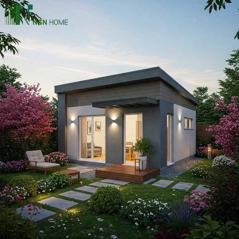 Mẫu nhà vườn hiện đại với thiết kế tối giản, hài hòa cùng thiên nhiên, mang lại cảm giác yên bình và thư giãn.