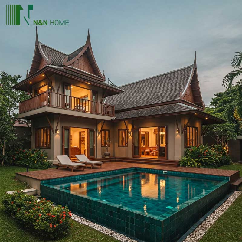 Biệt thự hai tầng sang trọng với hồ bơi tuyệt đẹp và khu vực thư giãn ngoài trời được thiết kế tinh tế.