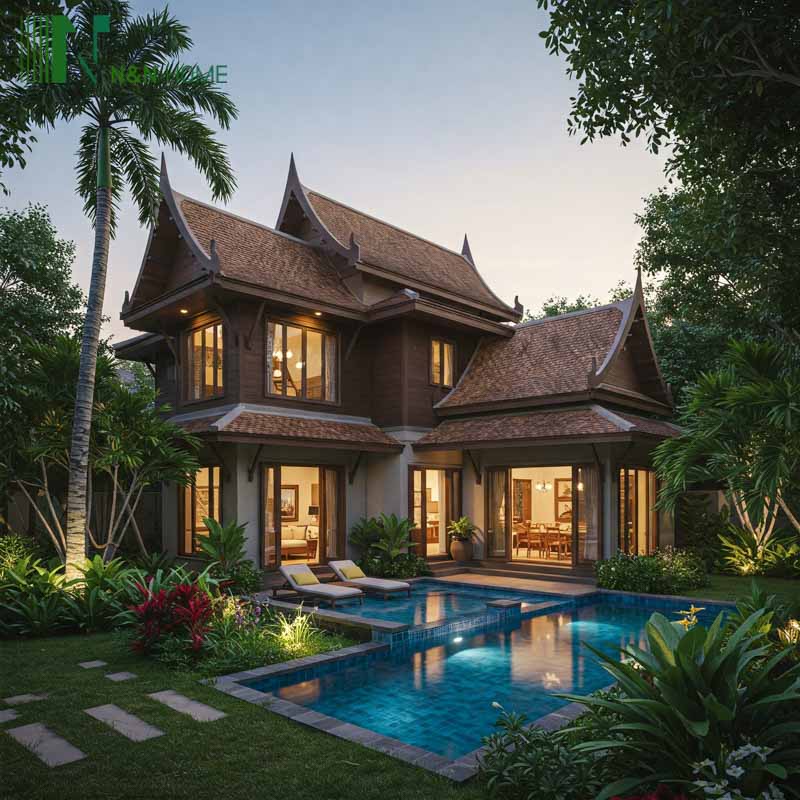 Vẻ đẹp kiến trúc mái Thái độc đáo tỏa sáng trong khung cảnh buổi tối ấm áp của biệt thự hai tầng này, với hồ bơi xanh lam quyến rũ, khu vực thư giãn ngoài trời lý tưởng và khu vườn nhiệt đới xanh mát bao quanh.