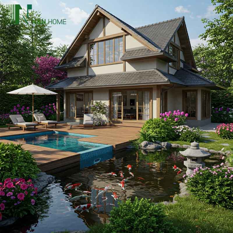 Khu vực sân sau của ngôi nhà với hồ bơi trong xanh, ao cá Koi đầy màu sắc và khu vườn tươi tốt.