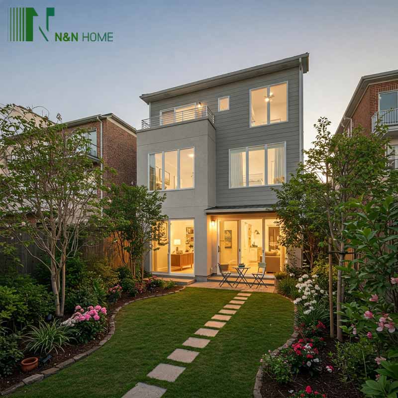 Mặt sau bên ngoài của một căn nhà phố ba tầng hiện đại với một sân sau nhỏ, sân hiên và những bậc đá lát.