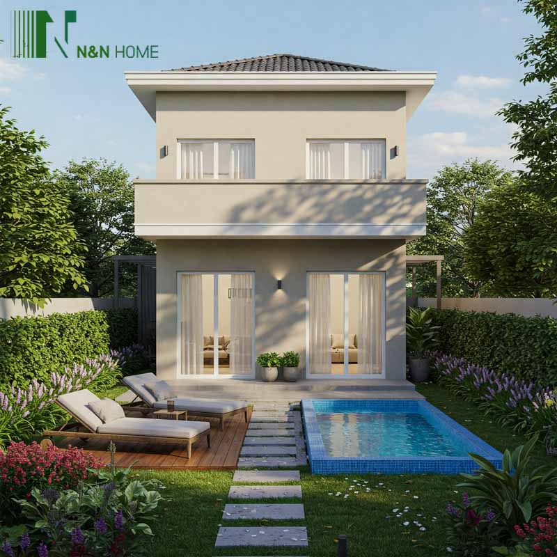 Ngôi nhà hai tầng với hồ bơi riêng, khu vực thư giãn ngoài trời và không gian xanh xung quanh.