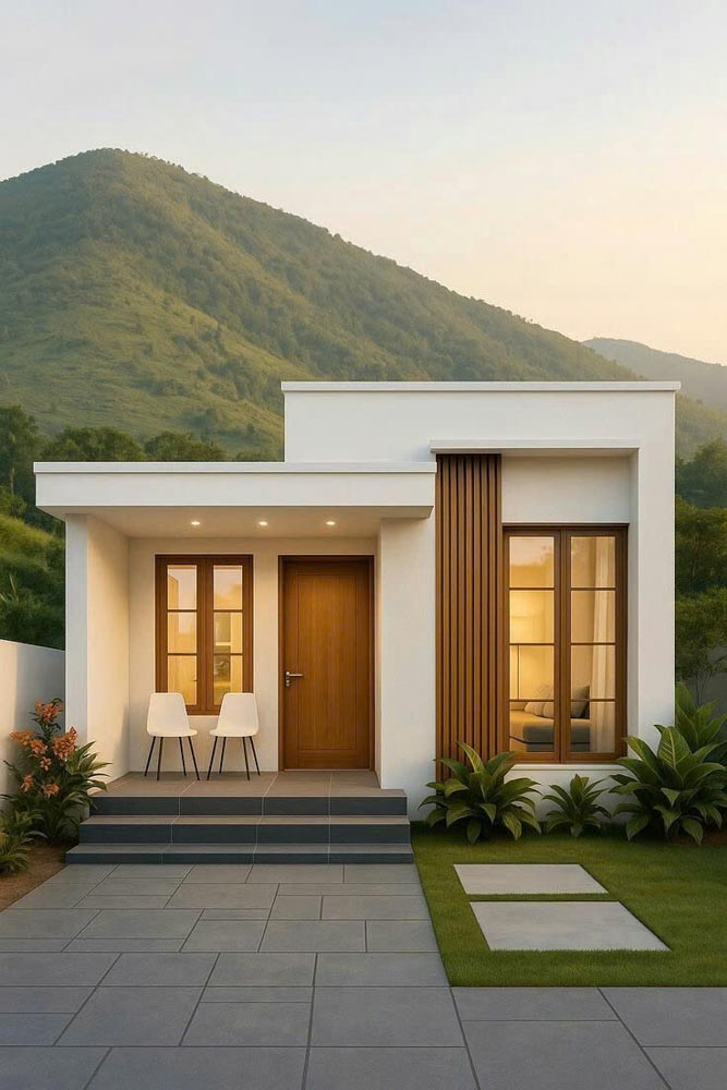 Mẫu nhà cấp 4 được cải tạo theo phong cách tối giản hiện đại, với điểm nhấn là gỗ và màu trắng, minh họa cho khả năng hiện thực hóa một ngôi nhà đẹp, ấm cúng trong ngân sách sửa nhà cấp 4 100 triệu.