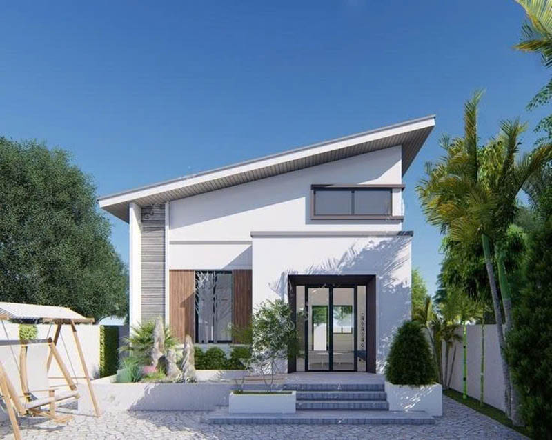 Ngôi nhà với thiết kế mái chéo hiện đại, nhấn mạnh vào sự tối giản và không gian mở, là một ý tưởng tuyệt vời cho việc sửa nhà cấp 4 100 triệu, tạo nên một diện mạo mới mẻ và ấn tượng.