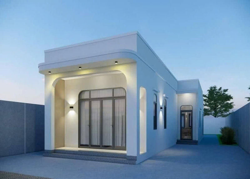 Hình ảnh minh họa cho giải pháp sửa nhà cấp 4 100 triệu, biến ngôi nhà cũ thành một không gian hiện đại với kiến trúc tối giản, tông màu trắng trang nhã, và hệ cửa kính lớn.