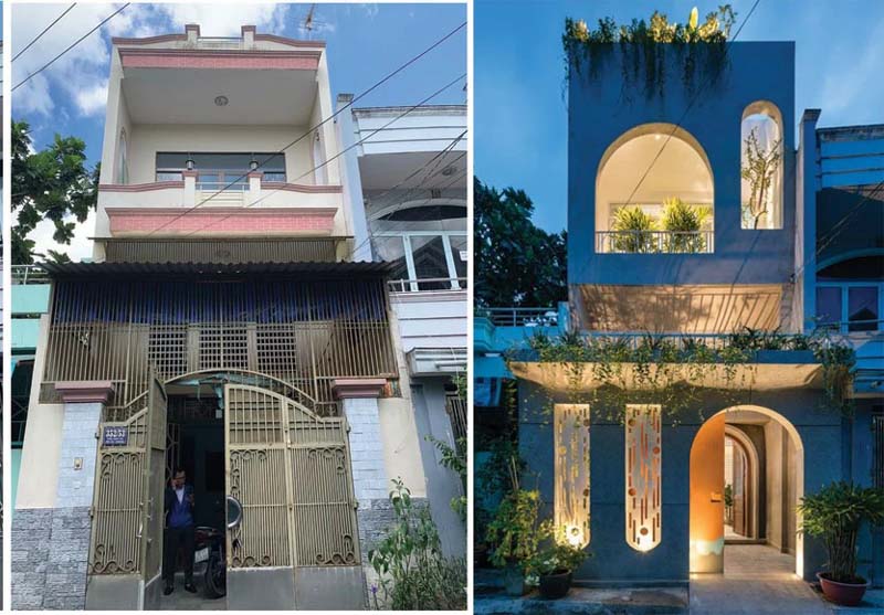 Hình ảnh trước và sau khi sửa nhà 2 tầng cũ thành ngôi nhà phố hiện đại với mặt tiền thiết kế vòm ấn tượng và cây xanh trang trí.
