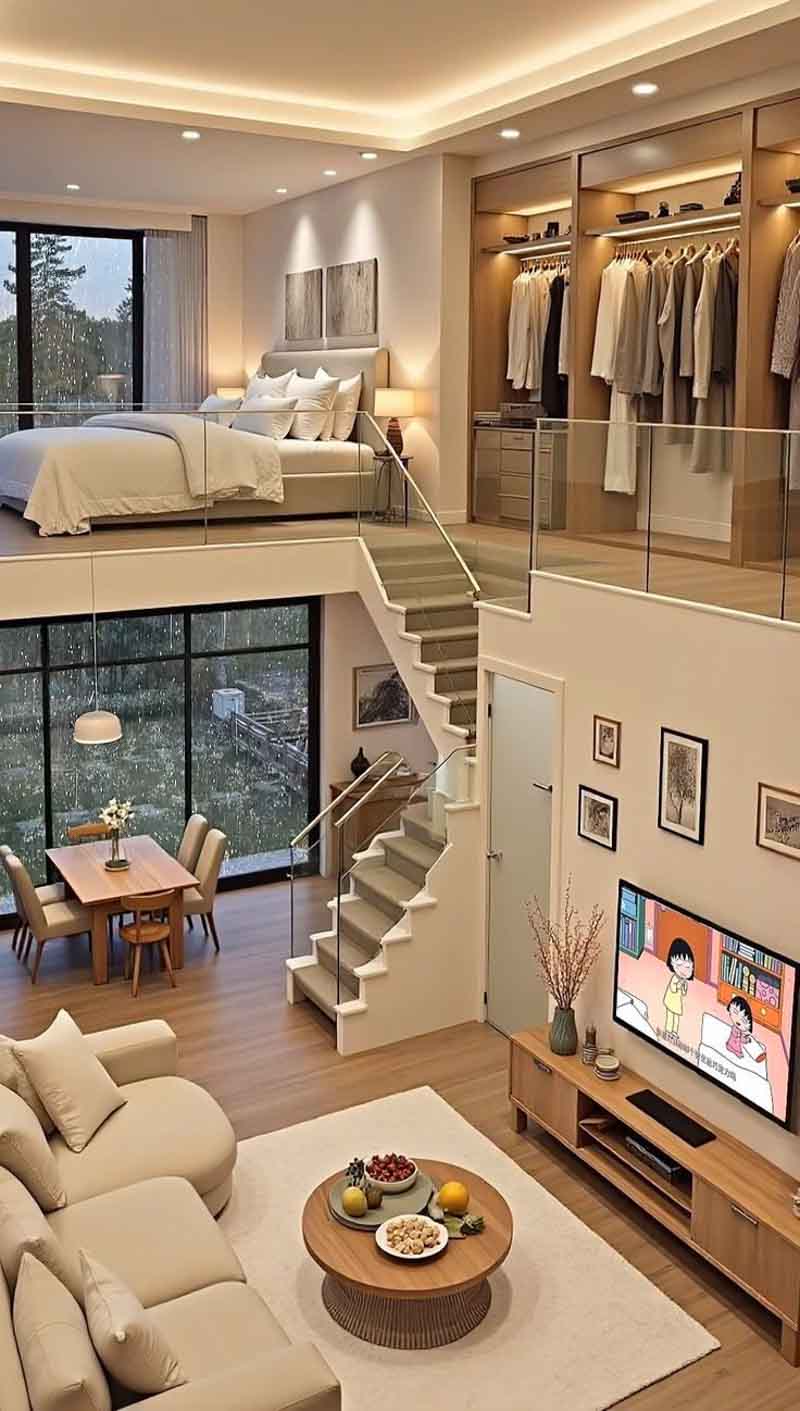 Bức ảnh minh họa một không gian thông tầng hiện đại, kết quả của việc sửa nhà cấp 4 80m2, với tầng dưới là phòng khách và bàn ăn, còn tầng lửng là phòng ngủ mở và tủ quần áo lớn, sử dụng vách kính để tối đa hóa ánh sáng và độ thoáng.